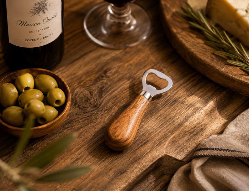 May include: A wooden-handled bottle opener with a silver head rests on a wooden surface. A bottle of wine, a bowl of olives, and a cheese board are also visible. The wine bottle label reads "Maison Ona&euml;l Collection C&ocirc;tes du Rh&ocirc;ne."