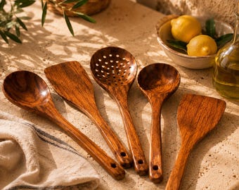 Keukengerei set van teakhout | Houten kookgerei met houder | Rustieke mediterrane keukeninrichting | Milieuvriendelijk