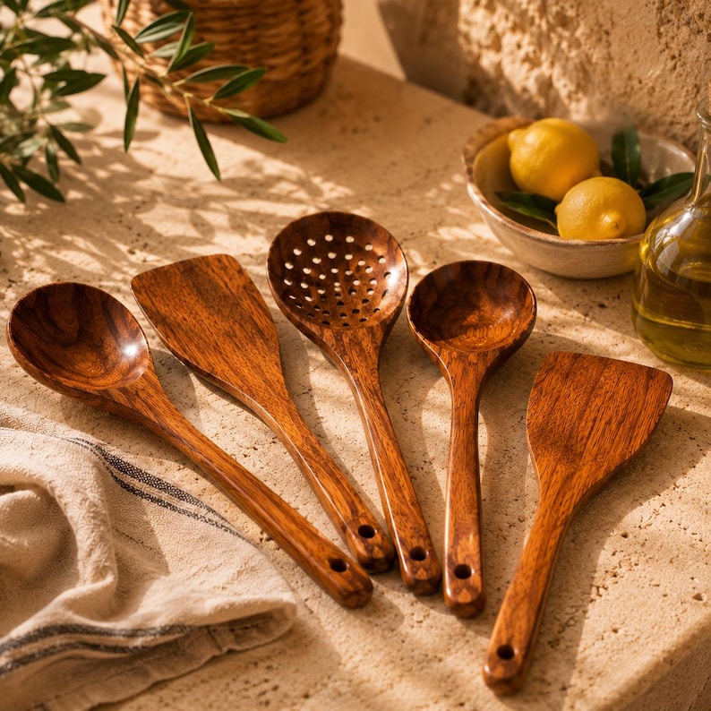 May include: A collection of five wooden kitchen utensils, including a spoon, spatula, slotted spoon, and ladle. The utensils are made of a rich, dark wood and are arranged on a light-colored surface. A bowl of lemons and olive oil are in the background.