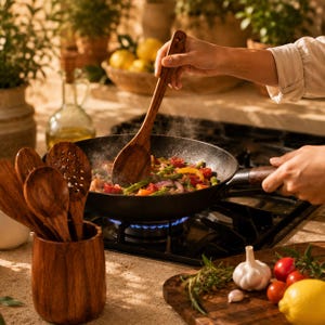 May include: A wooden spoon stirs vegetables in a black pan on a gas stove. A collection of wooden cooking utensils sits in a wooden holder. Fresh vegetables and herbs are on a wooden cutting board.