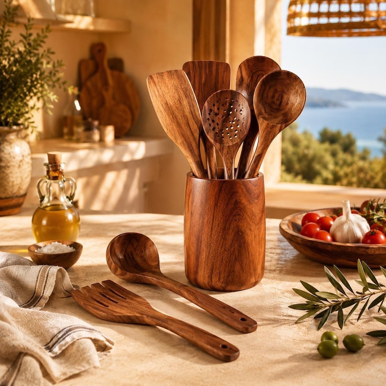 May include: A set of wooden kitchen utensils, including spoons, spatulas, and a slotted spoon, displayed in a matching wooden holder. A wooden ladle and fork are in the foreground. The utensils are made of a warm-toned wood.