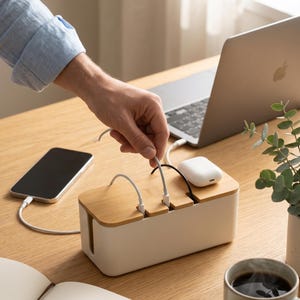 Può includere: Una scatola per la gestione dei cavi con coperchio in bambù e base bianca. La scatola ha fessure per i cavi, con un laptop, un telefono e auricolari nelle vicinanze. Una mano è mostrata mentre collega un cavo alla scatola. La scena è ambientata su una scrivania di legno.