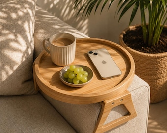 Houten bijzettafel voor de armleuning van de bank, clip-on tafeltje voor koffie en telefoon, natuurlijke bamboe armleuning, gezellige woonkamerdecoratie