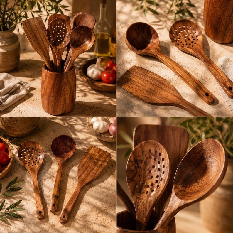 May include: A collection of wooden kitchen utensils, including spoons, slotted spoons, and spatulas. The utensils are made of a rich, dark wood and are displayed in a wooden holder. The image showcases the natural grain and texture of the wood.