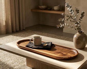 Organic Oval Acacia Wood Tray - Minimalist "Maison Onde" Catch-all Tray | Japandi & Wabi-Sabi Home Decor | Handcrafted Solid Wood Serving Pl