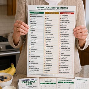 May include: A Colorectal Cancer Food Matrix chart held up, accompanied by a spiral-bound food guide, a 7-day meal plan, a bowel symptom tracker, a hydration tracker, and an oncology appointment questions sheet, all featuring printed text and icons.
