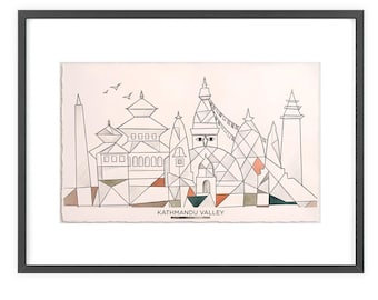 Póster de arte lineal del Valle de Katmandú hecho a mano con marco de madera / Arte mural arquitectónico