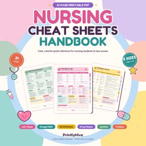 Op de afbeelding: Een 31-pagina tellend printbaar PDF-handboek met spiekbriefjes voor verpleegkunde, voorzien van kleurrijke afbeeldingen van een stethoscoop, injectiespuit, hart en pil. Het bevat pagina's over lichamelijk onderzoek, vitale functies en ECG-ritmes.