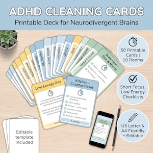 May include: A set of ADHD cleaning cards featuring a printable deck for neurodivergent brains. The cards are color-coded in blue, yellow, and green, displaying room-specific cleaning checklists, timer icons, and text like Kitchen Counter Reset.