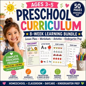 Könnte beinhalten: Ein digitales Vorschul-Lehrplan-Paket für 8 Wochen mit 50 Seiten druckbaren PDF-Unterrichtsplänen, Arbeitsblättern und Aktivitäten. Das Cover zeigt Text wie Ages 3-5, Preschool Curriculum und Kindergarten Prep mit bunten Grafiken.