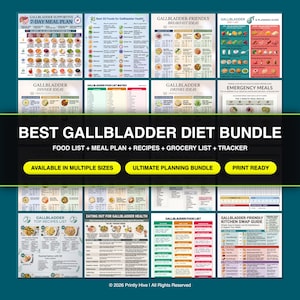 May include: A digital bundle of gallbladder diet resources featuring a 7-day meal plan, food lists, recipe guides, and kitchen swap charts. The collection includes text-heavy informational sheets with colorful icons and tables for health planning.