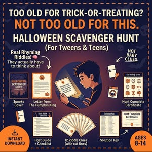 May include: A Halloween scavenger hunt kit for tweens and teens featuring a spooky cover, a letter from the Pumpkin King, a host guide, 12 riddle clues, a solution key, and a hunt complete certificate. The dark blue graphic includes text.