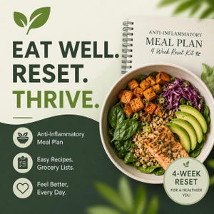 Könnte beinhalten: Ein spiralgebundenes Anti-Inflammatory Meal Plan 4 Week Reset Kit Heft neben einer Schüssel mit Lachs, Avocadoscheiben, Quinoa, Spinat und Rotkohl. Text: EAT WELL. RESET. THRIVE. Anti-Inflammatory Meal Plan, Easy Recipes, Grocery Lists, Feel Better, Every Day, 4-WEEK RESET FOR A HEALTHIER YOU.