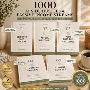 May include: A set of five white workbooks titled 1000 AI Side Hustles & Passive Income Streams. The books are numbered 01 through 05, featuring titles like Discover 1000 AI Ideas, AI Tool Directory, Your First $100 Challenge, Automation Trackers, and Content Swipe File.