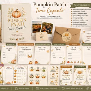 May include: A Pumpkin Patch Time Capsule memory book set including an 80-page keepsake book, activity sheets, growth tracker, photo pages, and a time capsule envelope with a seal. The set features fall-themed illustrations of pumpkins and leaves.