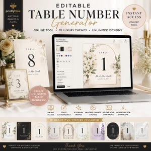 Editable Wedding Table Number Generator | Online Table Number Maker | 10 Luxury Themes | Unlimited Table Numbers | Instant Access