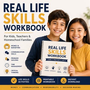 May include: A spiral-bound workbook titled Real Life Skills Workbook with a white cover featuring blue and gold text. The cover includes icons for confidence, responsibility, critical thinking, and goal setting. The text reads Learn It. Practice It. Live It.
