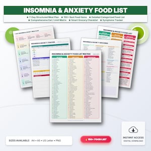 May include: A collection of printed documents titled Insomnia & Anxiety Food List, featuring a 7-day meal plan, a food matrix with Eat Often, Limit/Flare, and Avoid columns, a grocery checklist, and a symptoms tracker, all displayed on white paper.