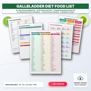 May include: A collection of printed pages titled Gallbladder Diet Food List, featuring a 7-day meal plan, a food list matrix, a grocery checklist, and a symptoms tracker. The documents use color-coded columns to organize food items and meal schedules.