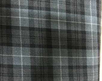 Glasgow Sky grey tartan fabric. Price per half metre. Soft polyviscise. Machine washable.