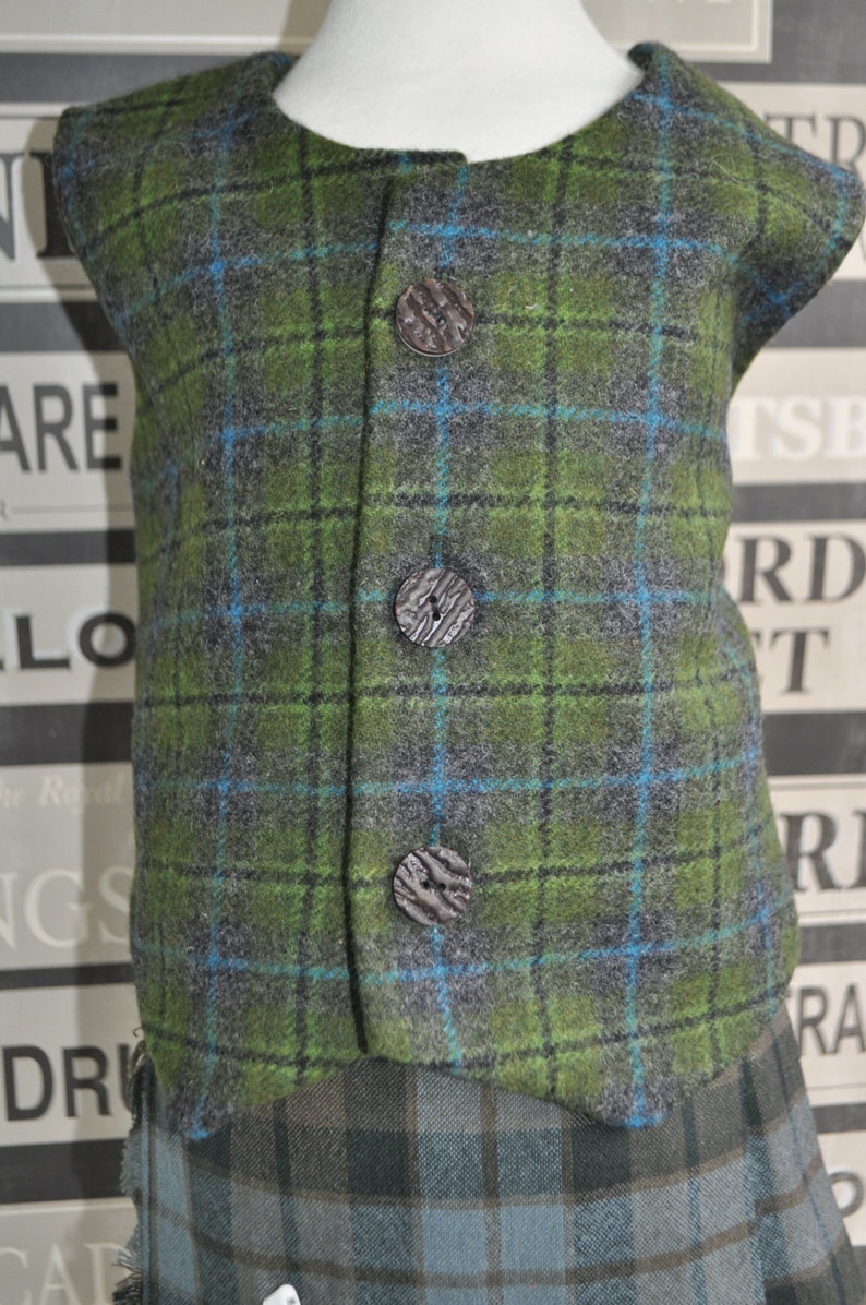Scottish wedding. Scottish baby 18-24m tweed waistcoat Green Tartan Tweed Waistcoat Scottish waistcoat with faux stag horn buttons