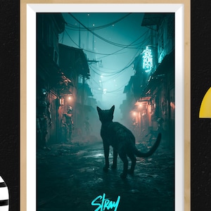 May include: Framed art print depicting a black cat in a neon-lit alleyway, with the word "Stray" in blue neon. The image has a cyberpunk aesthetic, with robots in the background and a cinematic feel. The print is framed in a light wood.