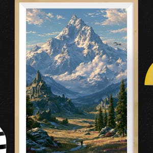 May include: A framed wall art print depicting a snow-capped mountain peak towering over a valley with a stone castle, evergreen trees, and a winding path. A small figure walks along the path, and a flying creature is visible in the blue sky.
