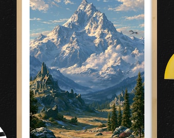 Affiche de jeu Skyrim, art mural de jeu vidéo, impression Elder Scrolls, décoration RPG fantastique pour joueur, affiche paysage de montagne, téléchargement numérique