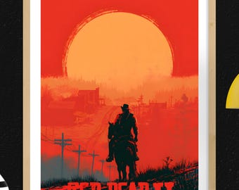 Affiche de jeu Red Dead Redemption 2, oeuvre d'art murale de jeu Western, impression cow-boy coucher de soleil, décoration de joueur hors-la-loi, téléchargement d'oeuvres d'art RDR2