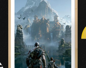 God of War Gaming Poster Wall Art Kratos and Atreus Norse Temple Gamer Room Decor Digital Download