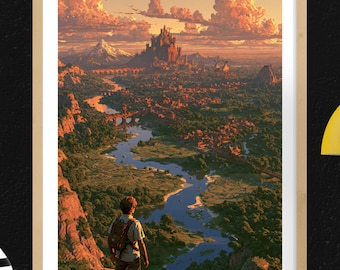 Minecraft Gaming Poster Wall Art, Epic Overworld Kingdom Landscape Gamer Decor Digital Download