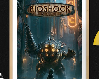Affiche de jeux BioShock, art mural Big Daddy, impression d'horreur Steampunk, décoration Gamer Rapture City, affiche rétro de science-fiction, téléchargement numérique