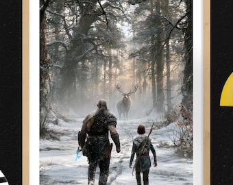 God of War Games Poster Wall Art Kratos and Atreus Norse Forest Gamer Room Decor Digital Download