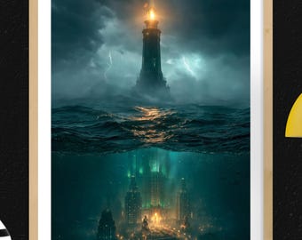 BioShock Gaming Poster, Wall Art, Rapture Underwater City Lighthouse, Gamer Decor, Digital Download