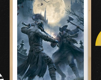 Bloodbundene Gaming Poster Wandkunst, Jäger Duell im Mondlicht Yharnam Gamer Dekor Digitaler Download