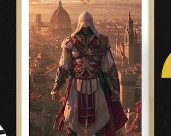 Assassin's Creed II Gaming Poster, Video Game Wall Art, Ezio Auditore in Florence, Gamer Room Decor, Digital Download