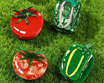 Pinzas para el cabello con forma de vegetales, pinza para el cabello de acetato con forma de tomate, chile y melón, accesorio original para el cabello con temática gastronómica, regalo original y divertido.