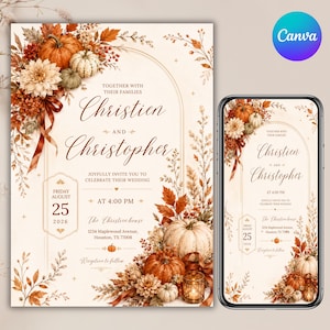 Op de afbeelding: Een trouwkaart en een smartphone met hetzelfde ontwerp, voorzien van een boogframe versierd met aquarel pompoenen, herfstbladeren en bloemen. De tekst luidt: Together with their families, Christien and Christopher, joyfully invite you to celebrate their wedding, Friday August 25, 2026, at 4:00 PM, The Christien house, 1234 Maplewood Avenue, Houston, TX 77008.