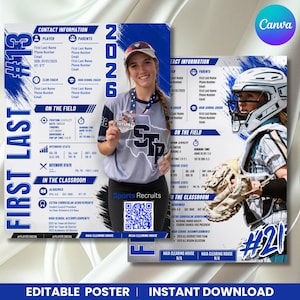 May include: A digital sports recruitment poster template featuring blue and white graphics, text fields for player contact information, athletic stats, and academic achievements. The design includes a QR code and placeholders for athlete photos.