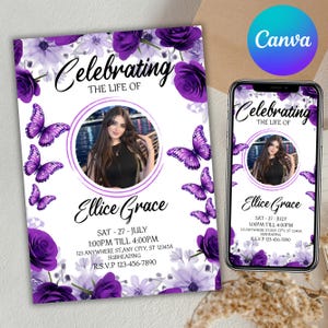 May include: A funeral invitation card and a smartphone displaying the same design, featuring purple roses, light purple flowers, and purple butterflies. The text reads Celebrating The Life Of Ellice Grace, Sat 27 July, 1:00PM Till 4:00PM.