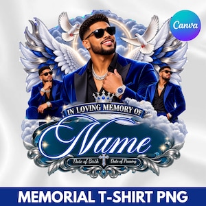 Puede incluir: Un diseño gráfico conmemorativo con un hombre en blazer de terciopelo azul y gafas de sol, rodeado de alas blancas, nubes y palomas. El texto dice IN LOVING MEMORY OF Name, Date of Birth y Date of Passing, con una corona y una cruz.