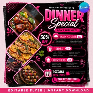 Dinner Sale Flyer, Sunday deal Special Flyer Restaurant Food menu business flyer, Dinner special Flyer, Instant Download, Canva Editable