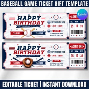 Puede incluir: Una plantilla de regalo de boleto de juego de béisbol imprimible con un esquema de color rojo, blanco y azul. El diseño incluye el texto Happy Birthday, You're Going To See, Team One y Admit One, con gráficos de pelotas, bates y un guante.