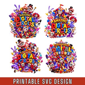 Puede incluir: Cuatro diseños gráficos coloridos que presentan el logotipo The Amazing Digital Circus con personajes de dibujos animados, incluyendo un bufón, un conejo y una marioneta. Cada ilustración muestra elementos circenses en rojo, azul y amarillo.