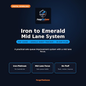May include: A digital download guide titled Iron to Emerald Mid Lane System, featuring a PDF guide, Google Sheet tracker, and 30-day plan. The dark blue graphic includes a logo with an anvil and arrow, plus text detailing solo queue improvement.