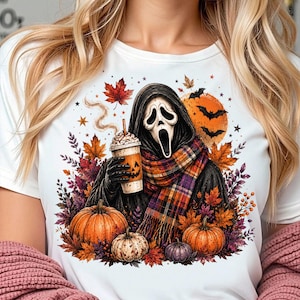 Ghostface Fall Coffee PNG | Halloween Sublimation Design | Spooky Season Latte PNG | Retro Autumn Shirt PNG | Instant Download