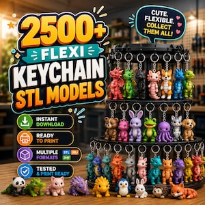 May include: A collection of 2500+ flexi keychain STL models featuring various articulated animal figures like dragons, cats, and dogs displayed on a three-tier rotating stand with text reading 2500+ FLEXI KEYCHAIN STL MODELS.