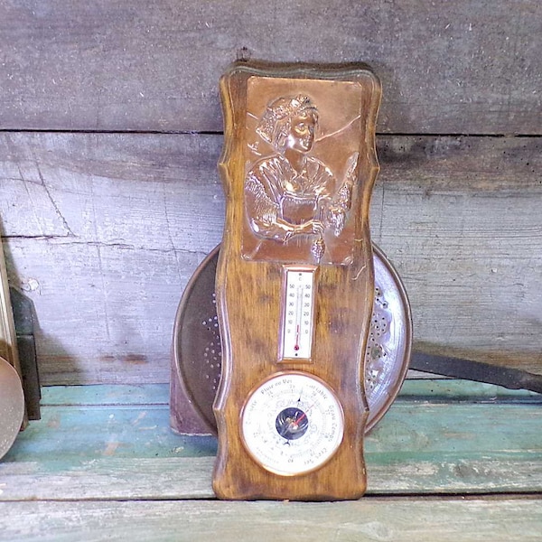 Vintage French Quimper Wooden Barometer Thermometer copper repousse s653