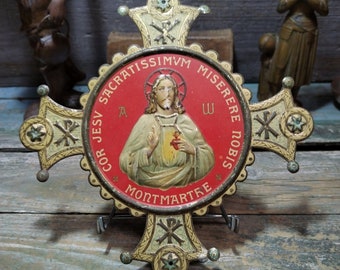 French antique religious Tin Repousse big size Door Plate Jesus Sacred Heart Montmartre Paris souvenir (x271)