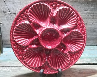 French Vintage Red Barbotine Oyster Plate s989